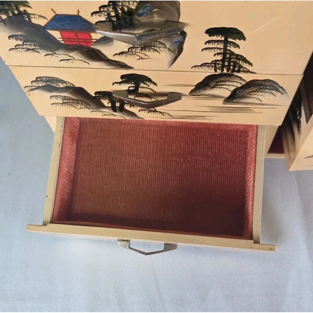 Japanese Lacquer Three Drawer Lock Top with Key Jewelry and Music Box SEE PICS